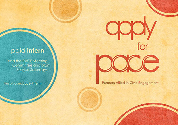 Recruitment poster for nonprofit organization PACE, a university-run division of the Office of Student Activities.